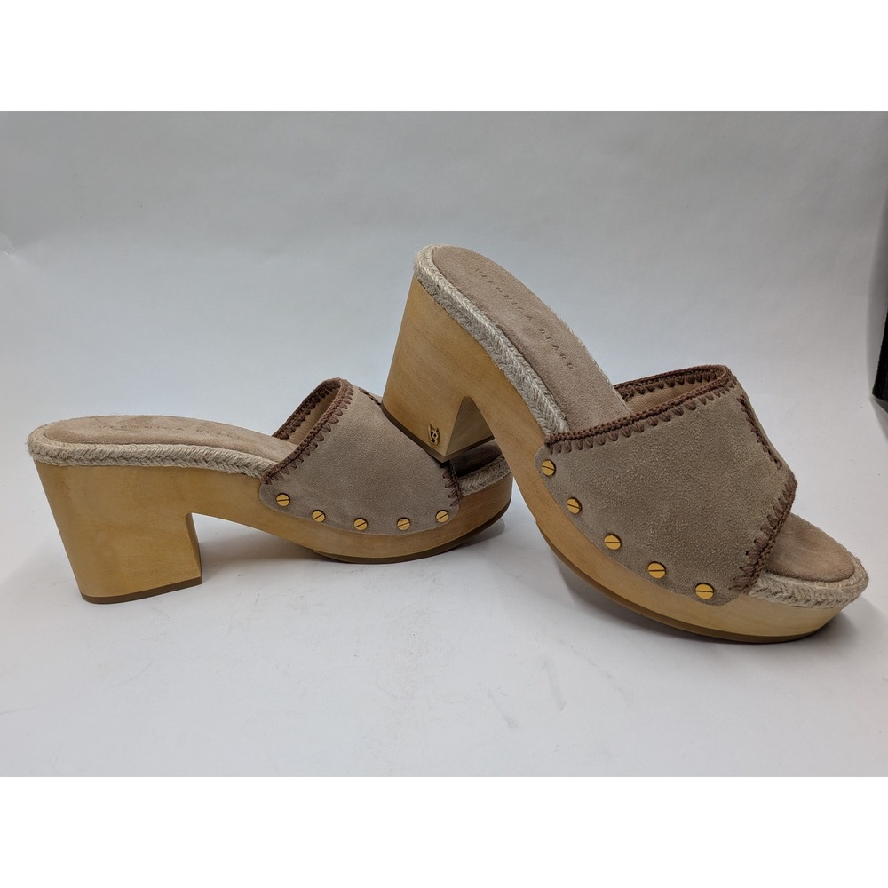 Veronica Beard Cammie Tan Suede Wooden Platform Clog Mules Studded Sandals 10M